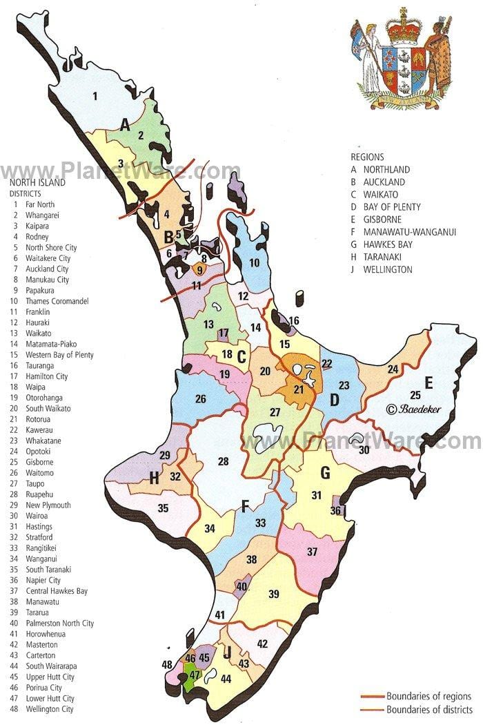 ನಕ್ಷೆ, ನ್ಯೂಜಿಲ್ಯಾಂಡ್, ಉತ್ತರ ದ್ವೀಪ ಪ್ರದೇಶಗಳಲ್ಲಿ ಮತ್ತು ಜಿಲ್ಲೆಗಳು