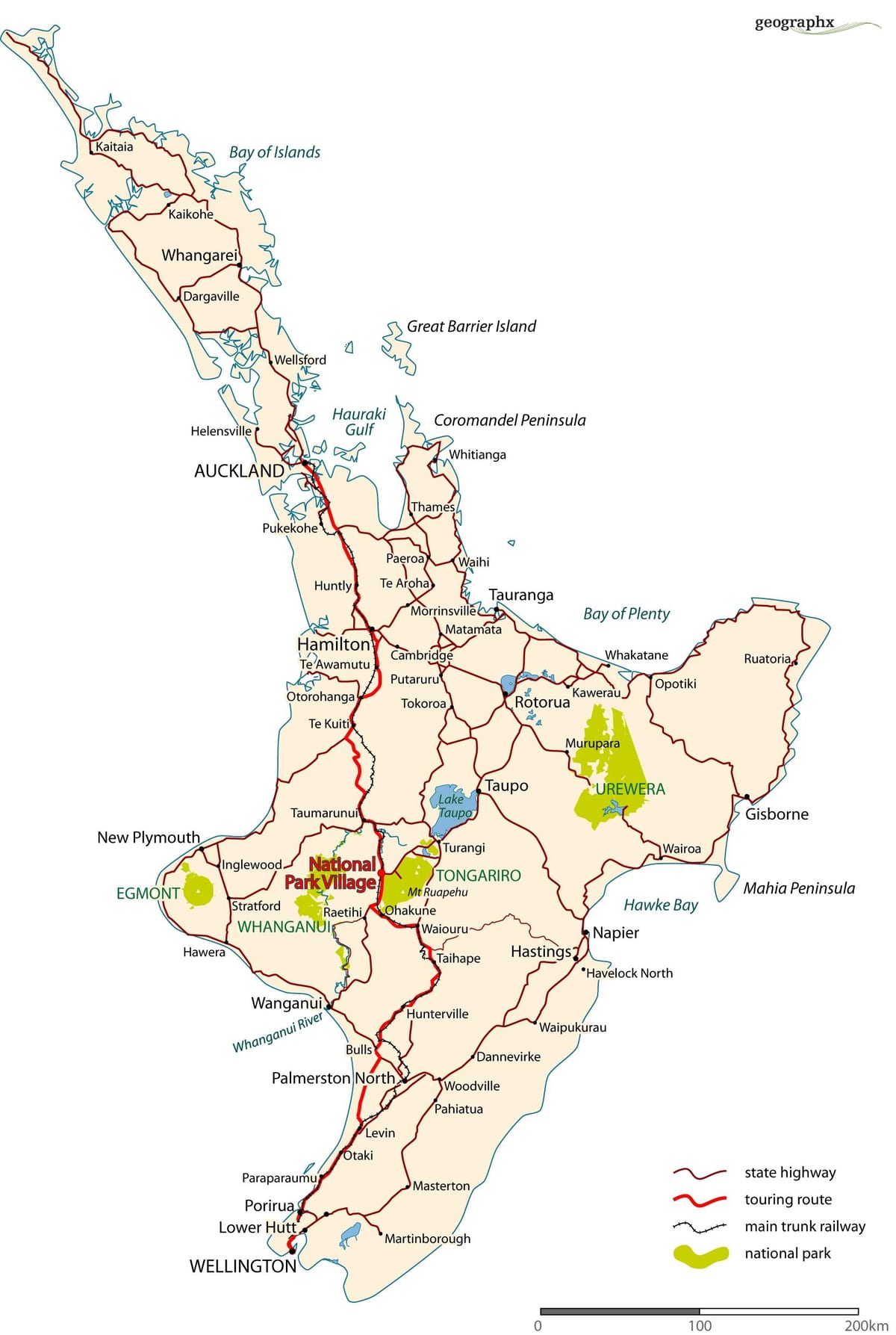 ವಿವರವಾದ ರಸ್ತೆ ನಕ್ಷೆ, ನ್ಯೂಜಿಲ್ಯಾಂಡ್, ಉತ್ತರ ದ್ವೀಪ