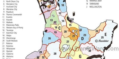 ನಕ್ಷೆ, ನ್ಯೂಜಿಲ್ಯಾಂಡ್, ಉತ್ತರ ದ್ವೀಪ ಪ್ರದೇಶಗಳಲ್ಲಿ ಮತ್ತು ಜಿಲ್ಲೆಗಳು